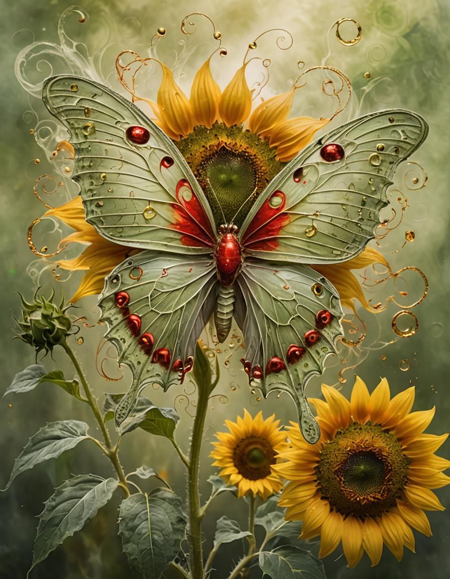 Ethereal Ghost Butterfly on Sunflower in Olive Green