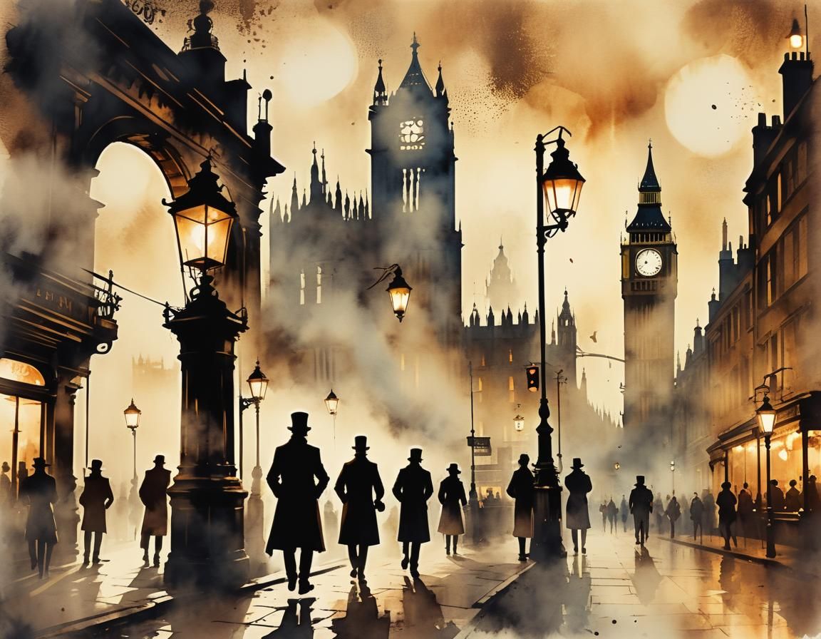 London Street Scene in Steampunk Ink Painting