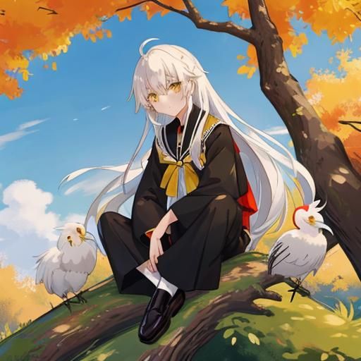 Boy with Crane Under Willow Tree