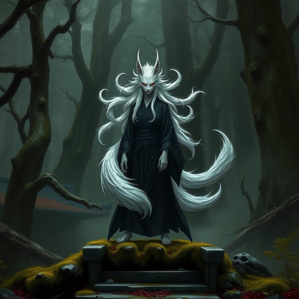 Powerful Kitsune Warrior Stands on Ancient Shrine