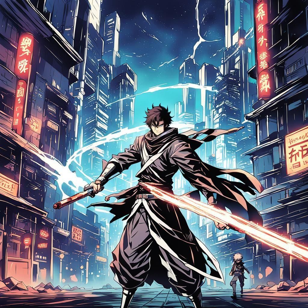 Shane Gooseman Duel in Anime Style Sci-Fi City