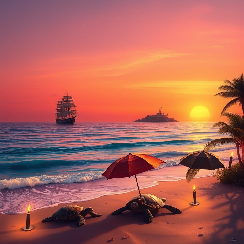 Epic Sunset Scene with Majestic Sailing Ship and Tranquil Oc...