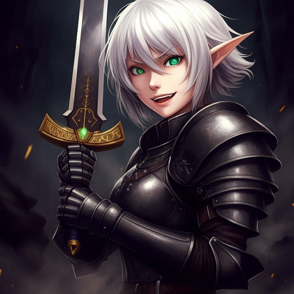 Elf Warrior with Two-Handed Sword in Anime Style