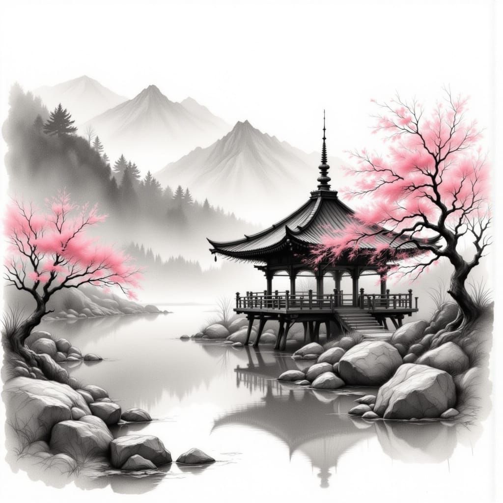 East Asian Landscape in Pencil and Watercolor Style
