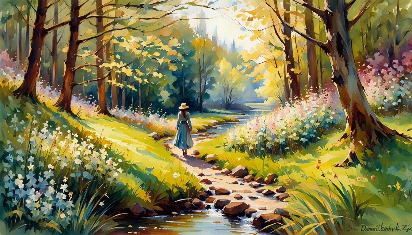 Lady Spring Walking a Forest Path: Watercolor Painting