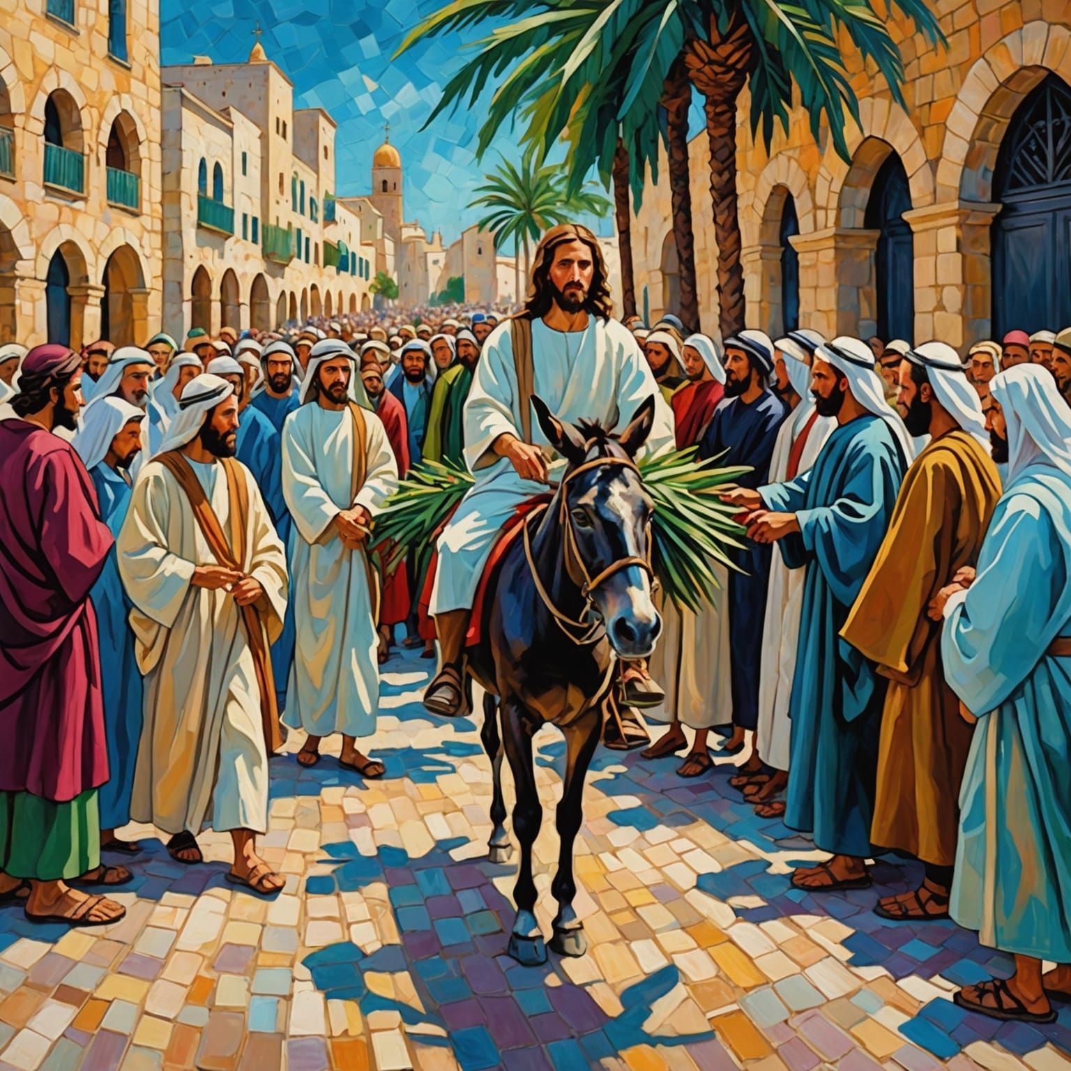 Jesus Arrives in Jerusalem as Expressionist Oil Painting