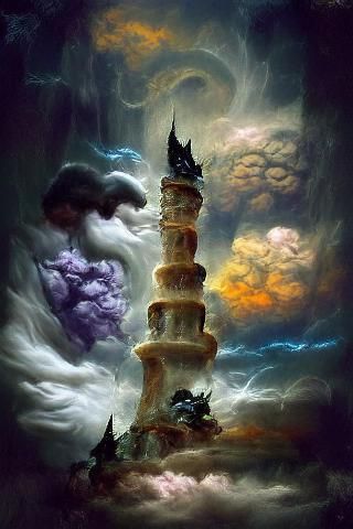 Dark Wizard's Tower with Storm, Ethereal Digital Art