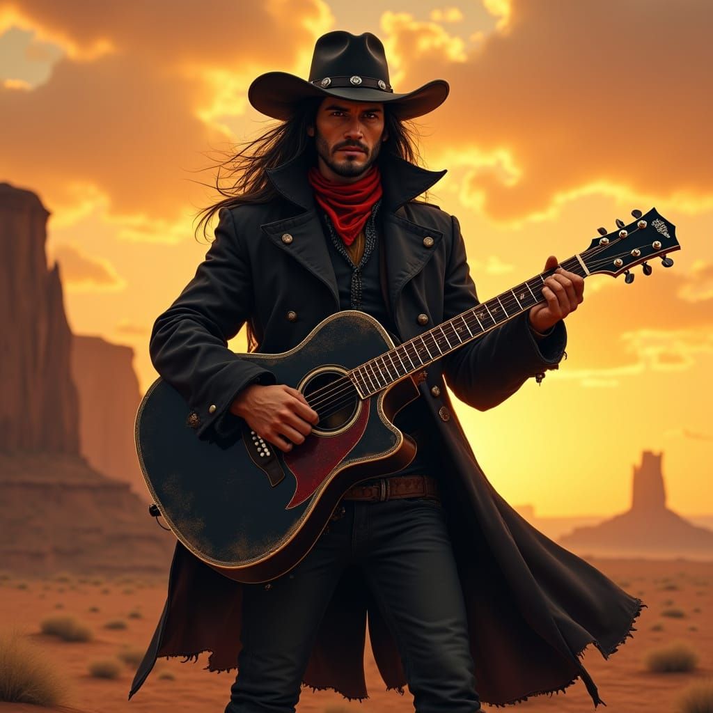 Cowboy in Desert Sunset: A Cinematic Portrait in Golden Ligh...