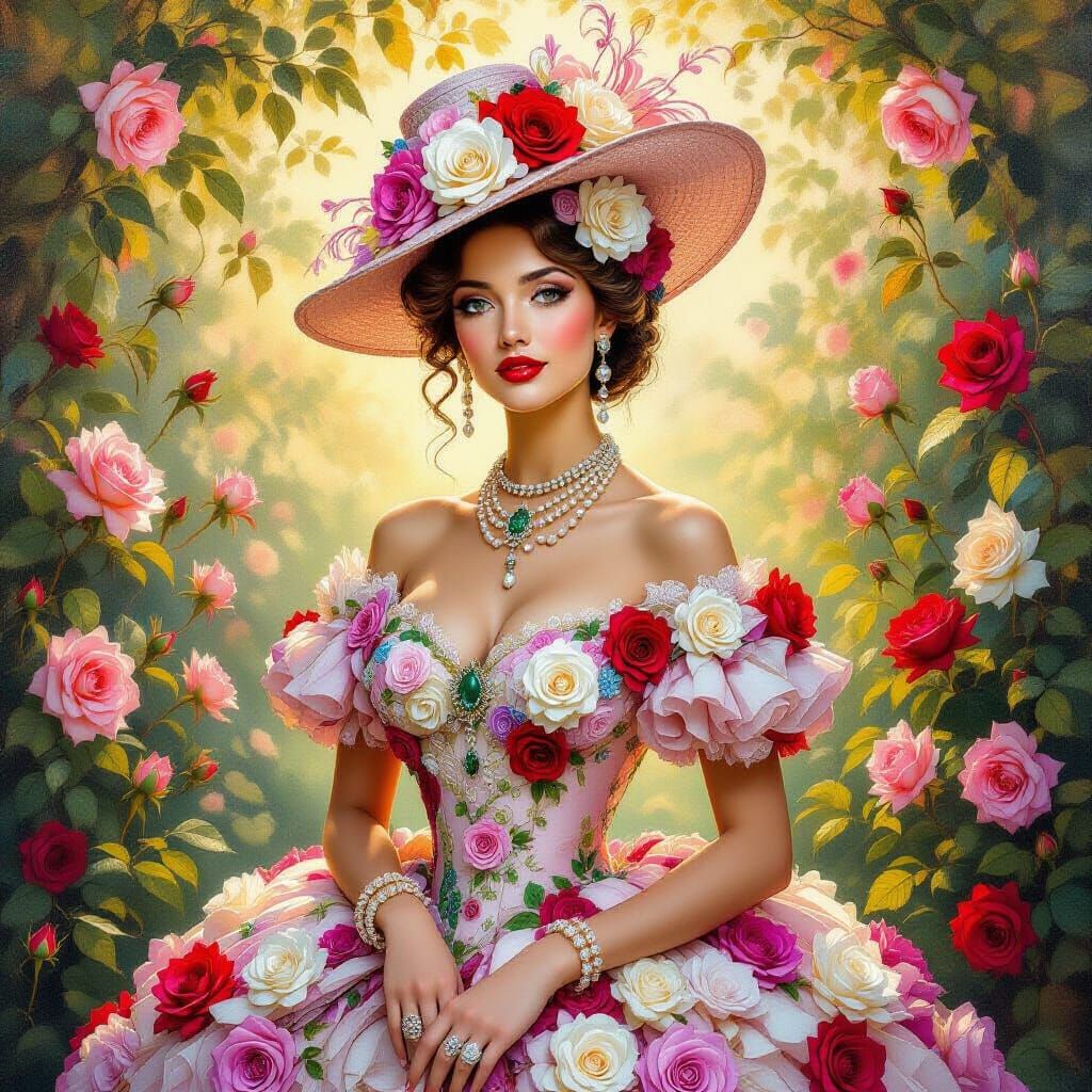 Surreal Oil Painting Of A Woman In A Rose Gown