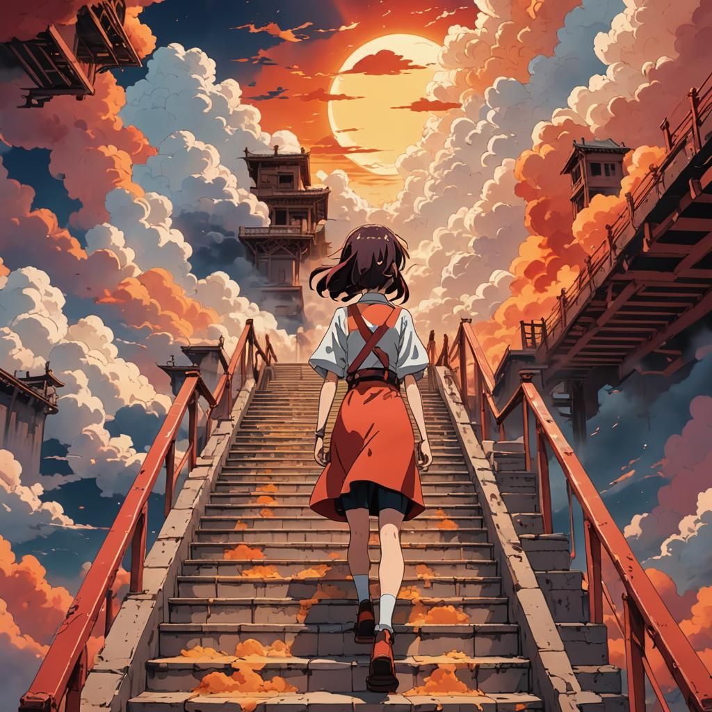 Anime Girl at Heaven and Hell Stairs