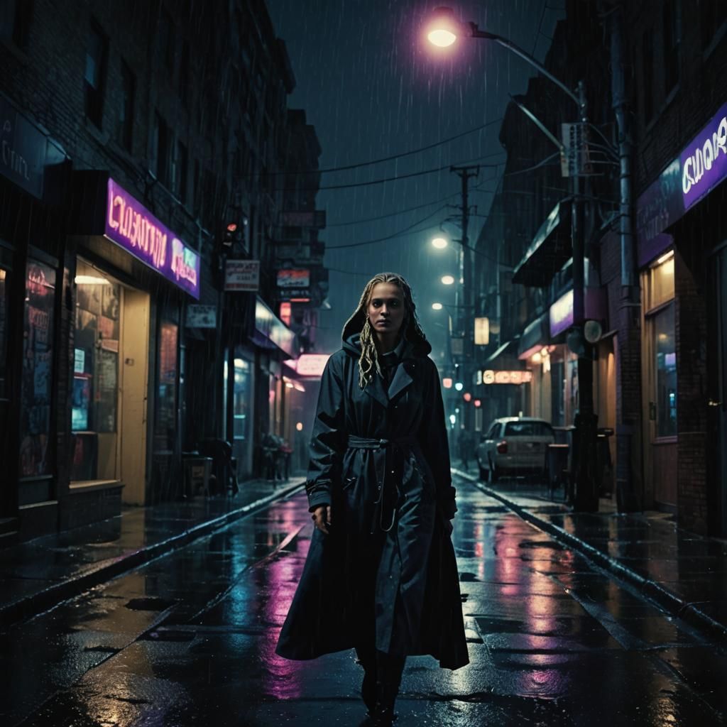 Film Noir: Woman in Hooded Coat Walking at Night