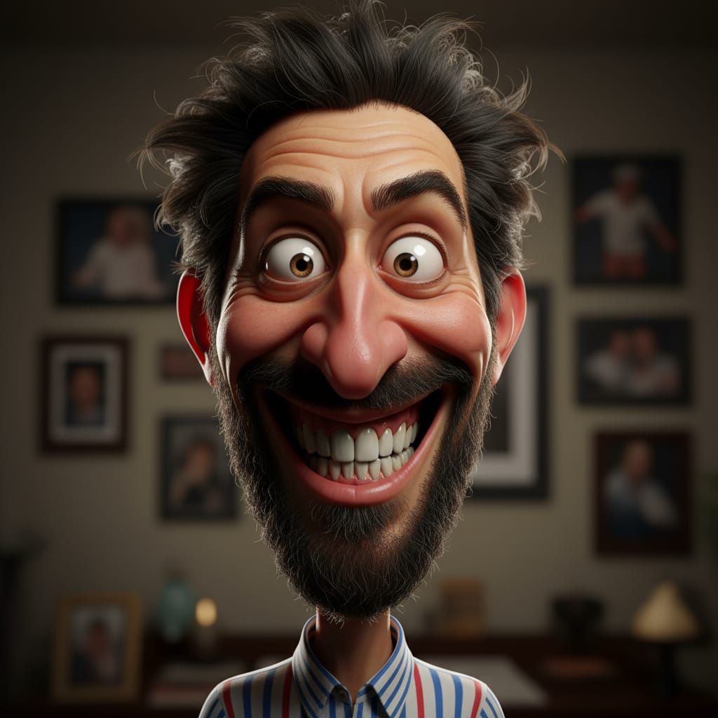 Funny 3D Caricature of Man with Wild Hair and Big Teeth
