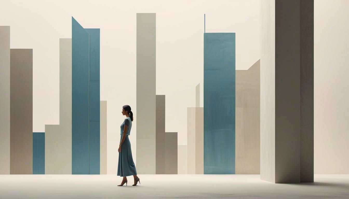 Minimalist Abstract Cityscape with Woman in Bauhaus Style