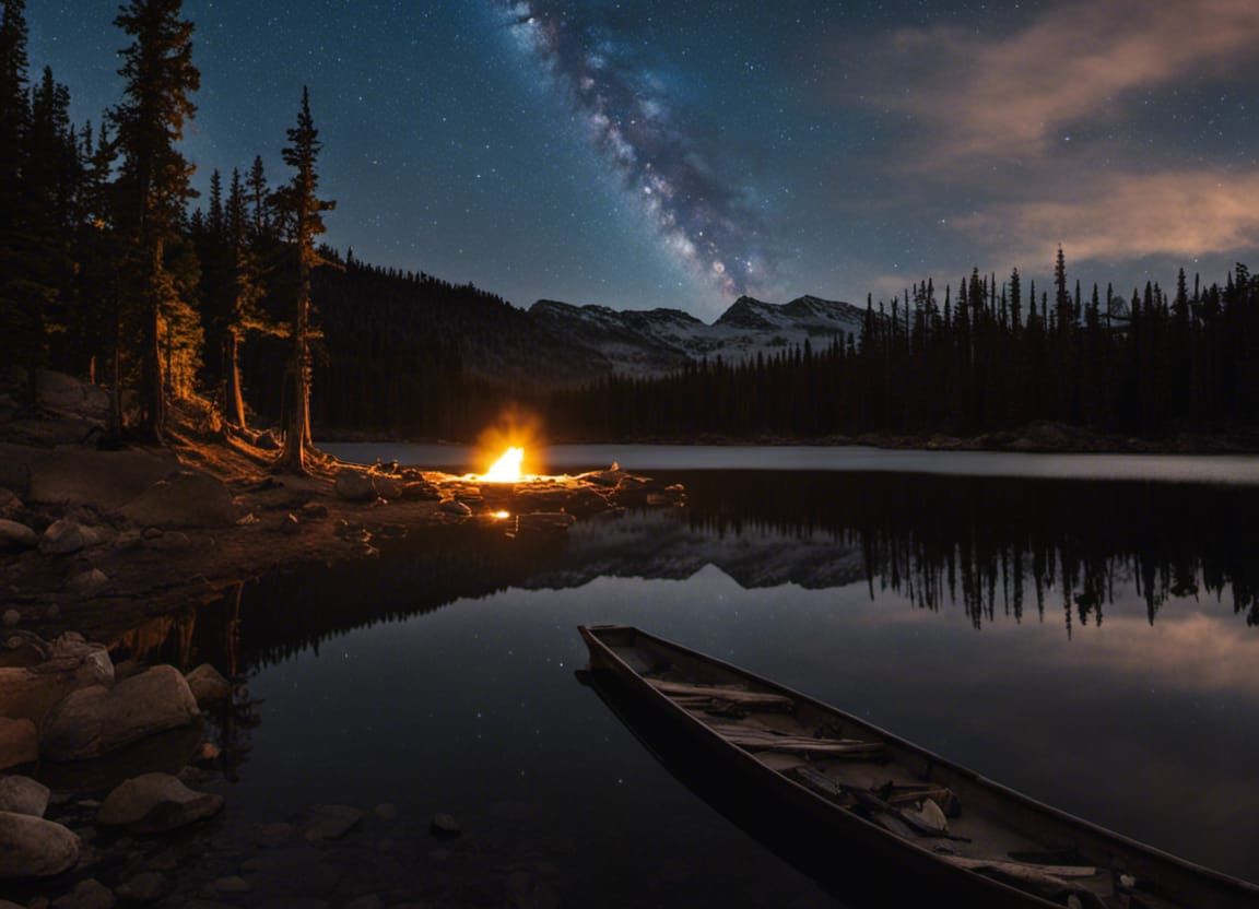 Night Sky Reflected on Remote Lake with Bonfires