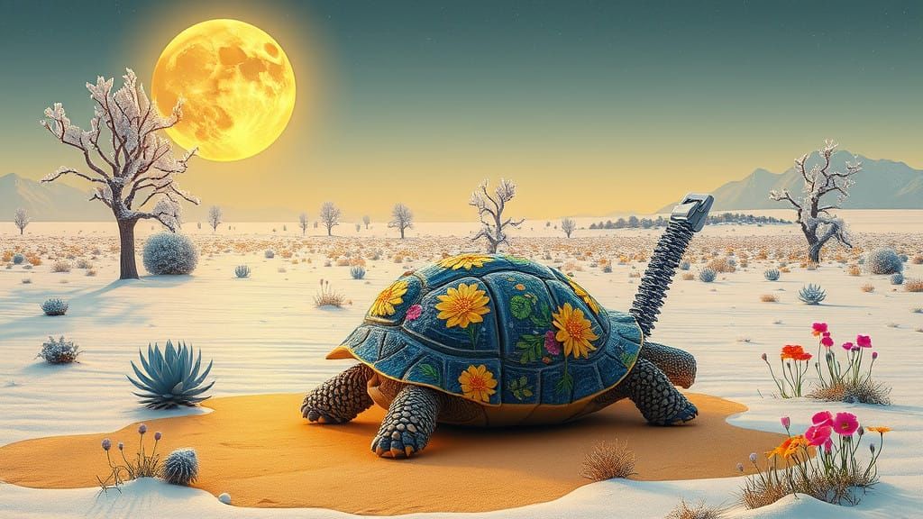 Ethereal Snowscape with Tortoise and Celestial Contrast
