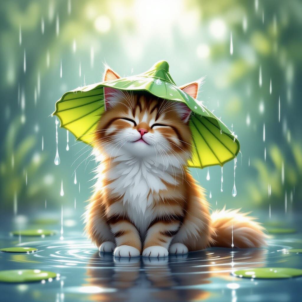 Fluffy Cat in Rain with Lotus Hat, Whimsical Watercolor Styl...