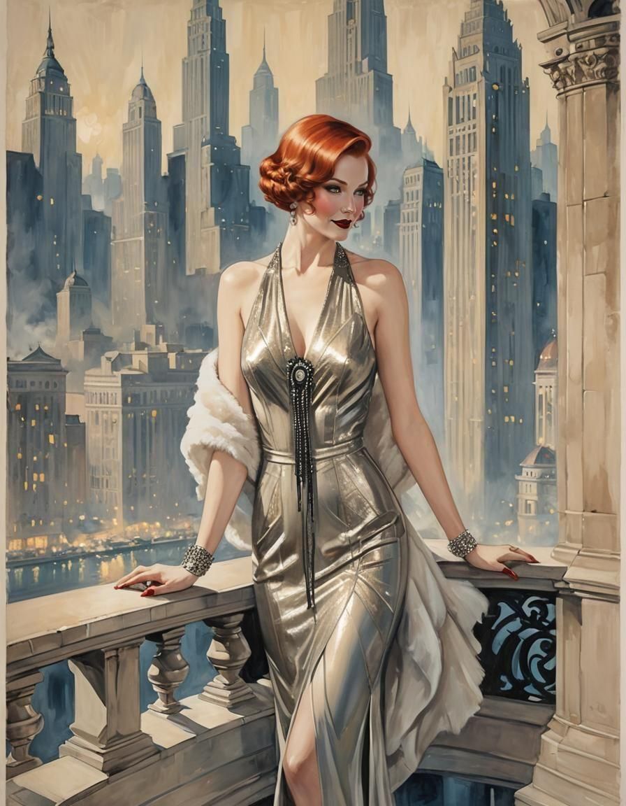 Noir Redhead in Art Deco Cityscape