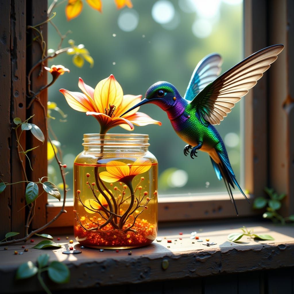 Hummingbird Sipping Nectar from Luminous Flower in Glass Jar