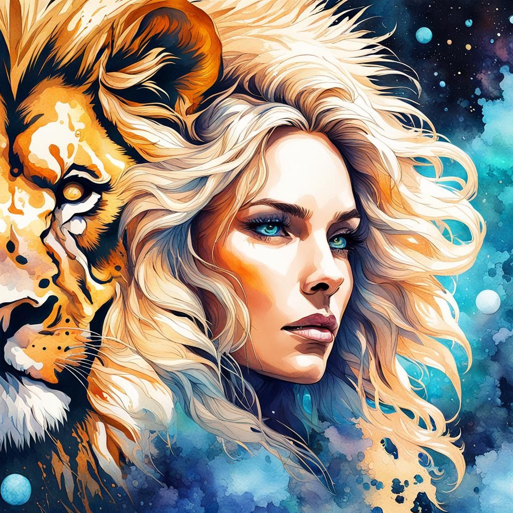 Woman and Lion in Watercolor Inkblot Art