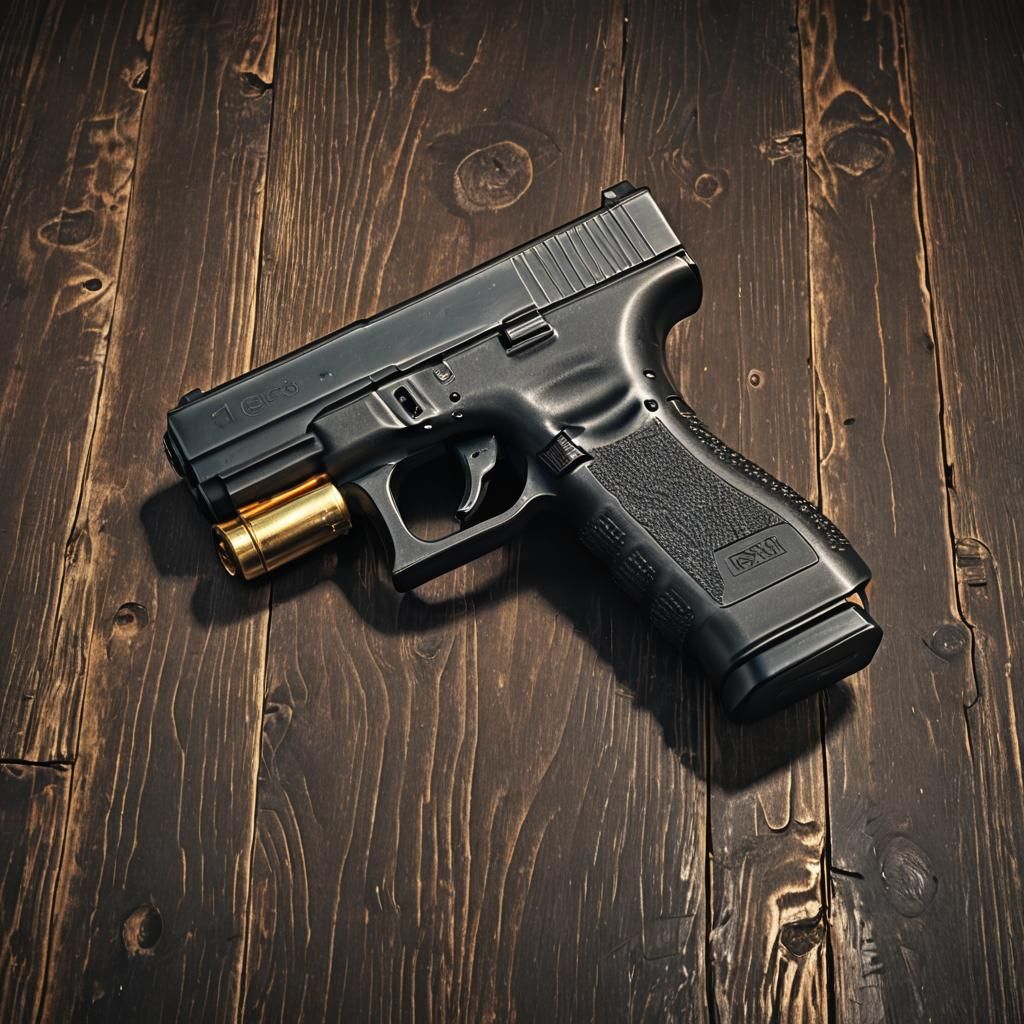 Glock Handgun on Wooden Table: Hyper-Realistic Digital Art