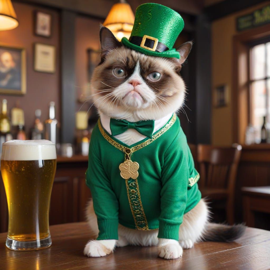 Grumpy Cat Celebrates St. Patrick's Day in a Lively Irish Pu...
