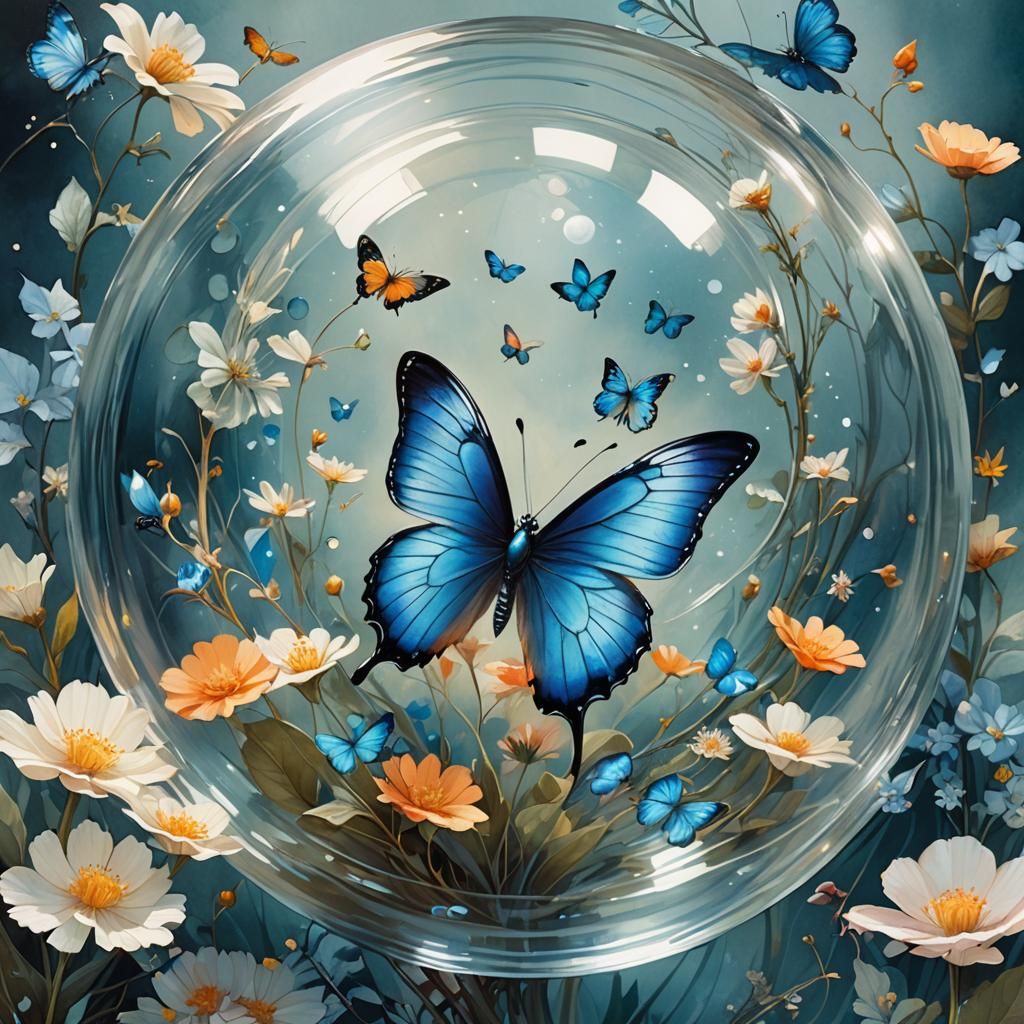 Blue Butterfly on Flower in Watercolor Fantasy Art