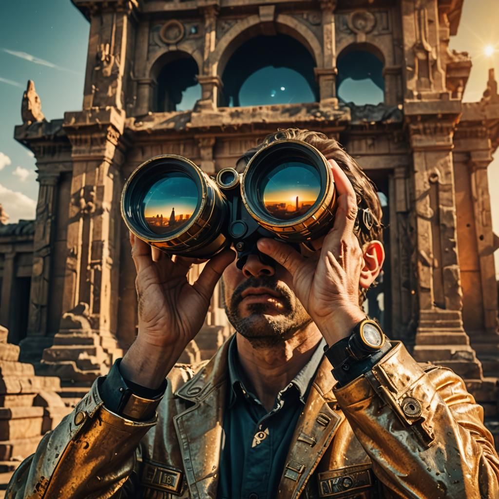 Retro-Futuristic Temple Reflected in Binoculars