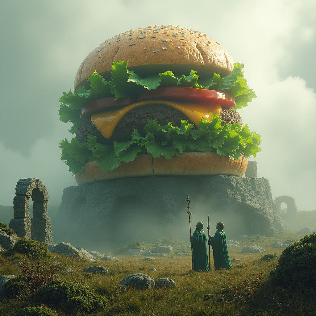 Colossal Hamburger Monolith Rises on Misty Moors
