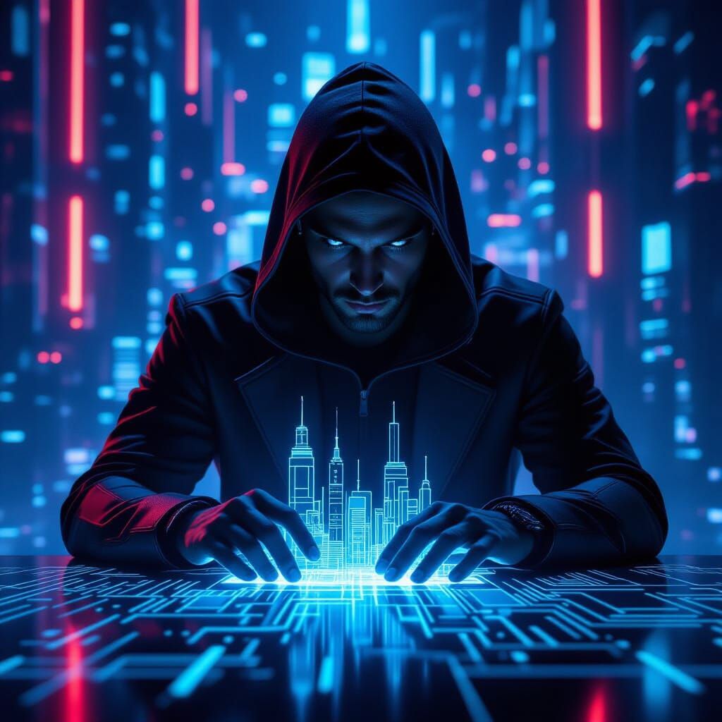 Hooded Figure Studies Holographic Cityscape in Cyberpunk Sty...