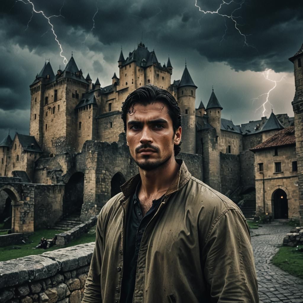 Dramatic Portrait of Romanian Man at Castle in Storm