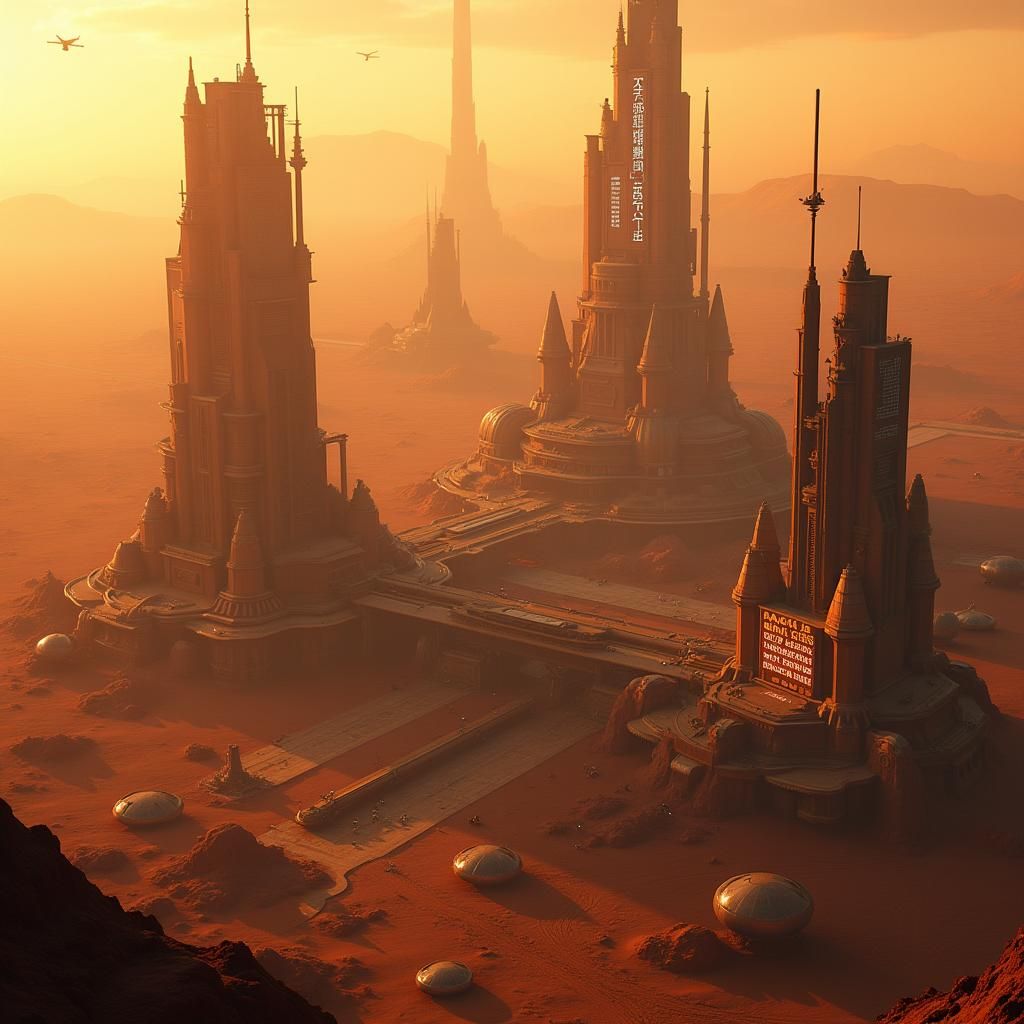 Futuristic Alien Metropolis on Mars at Sunset