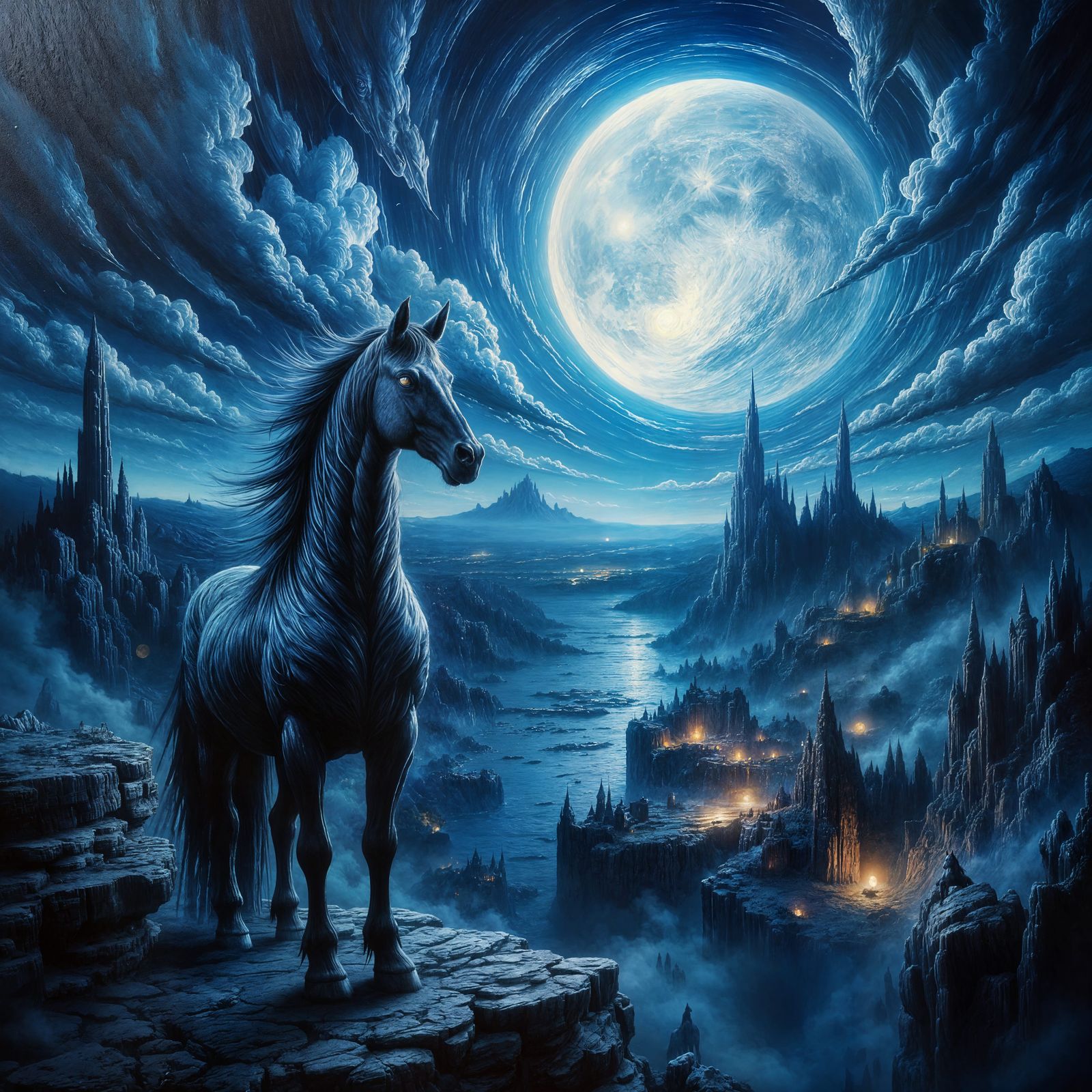 Black Stallion on Cliff Overlooking Middle Earth Village Und...