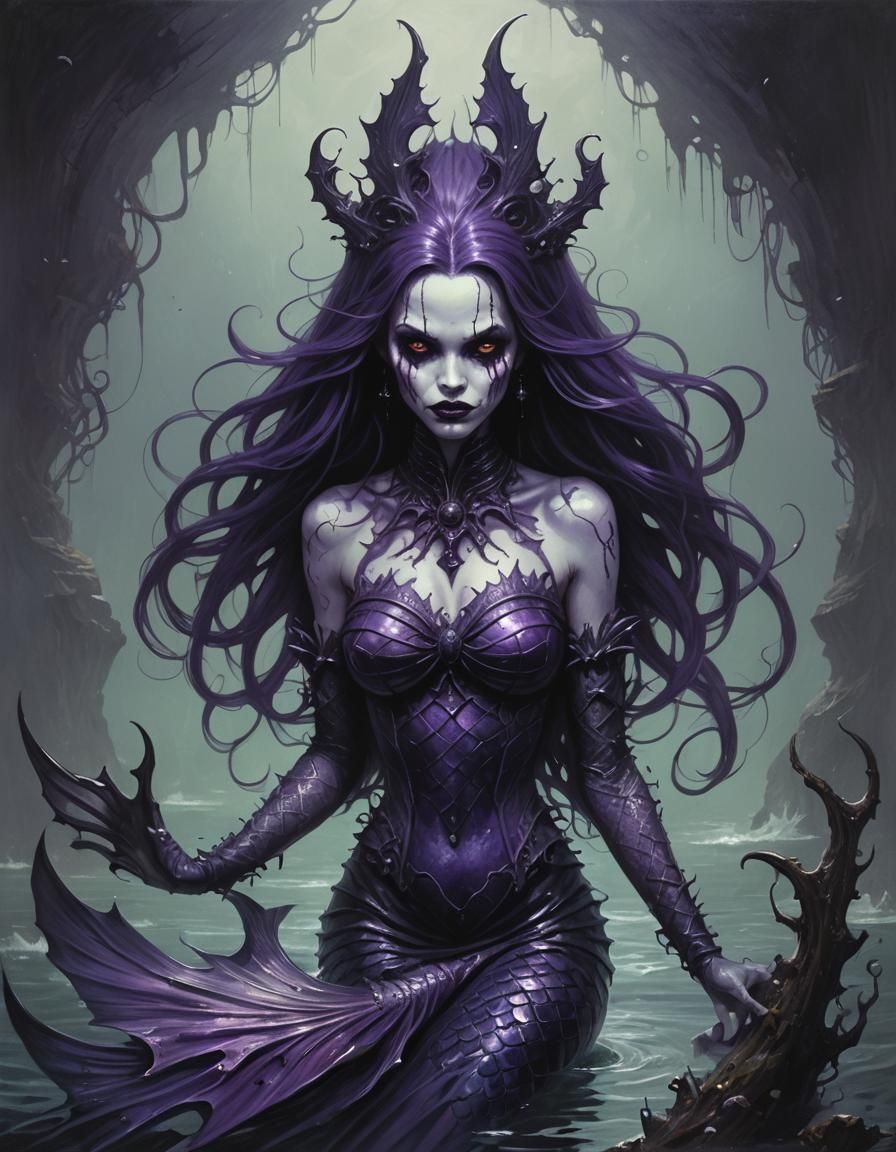 Creepy Goth Mermaid in Sinister Dark Fantasy Style