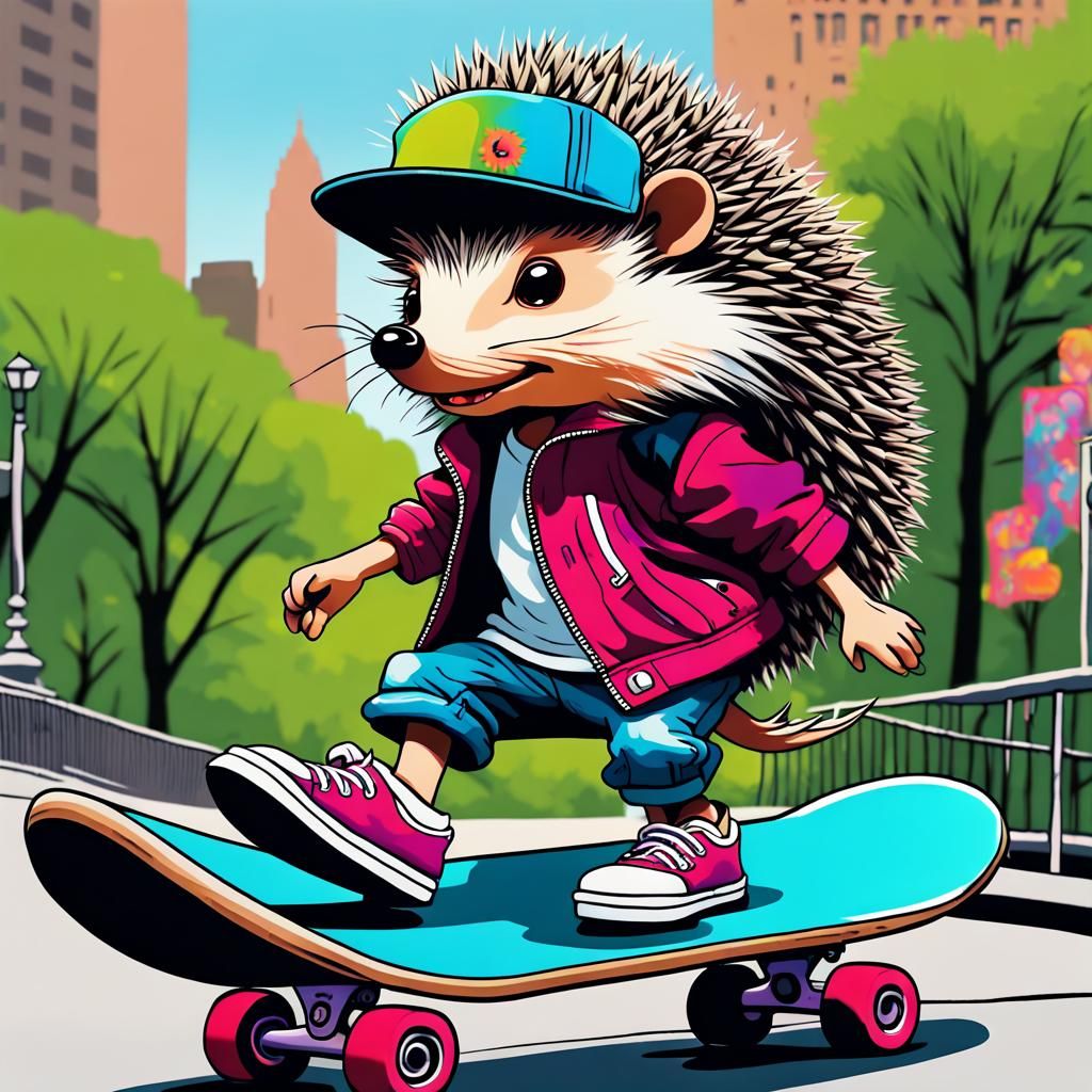 hedgehog glides on a skateboard