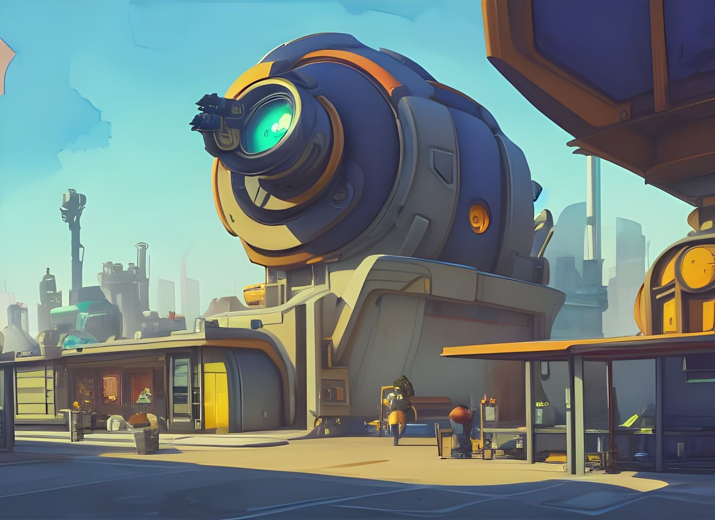 Futuristic Overwatch Cityscape in Watercolor Gouache Style