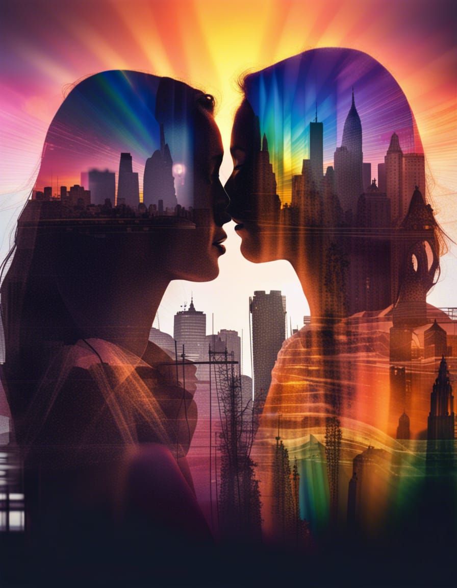 Rainbow Sunset Silhouette: City Couple Embrace