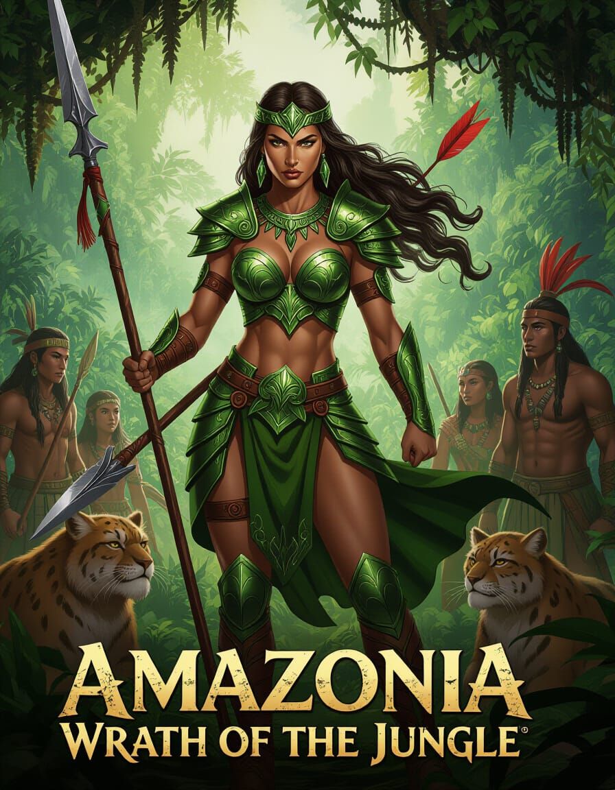 Amazonian Warrior Queen in Lush Jungle, Fantasy Art