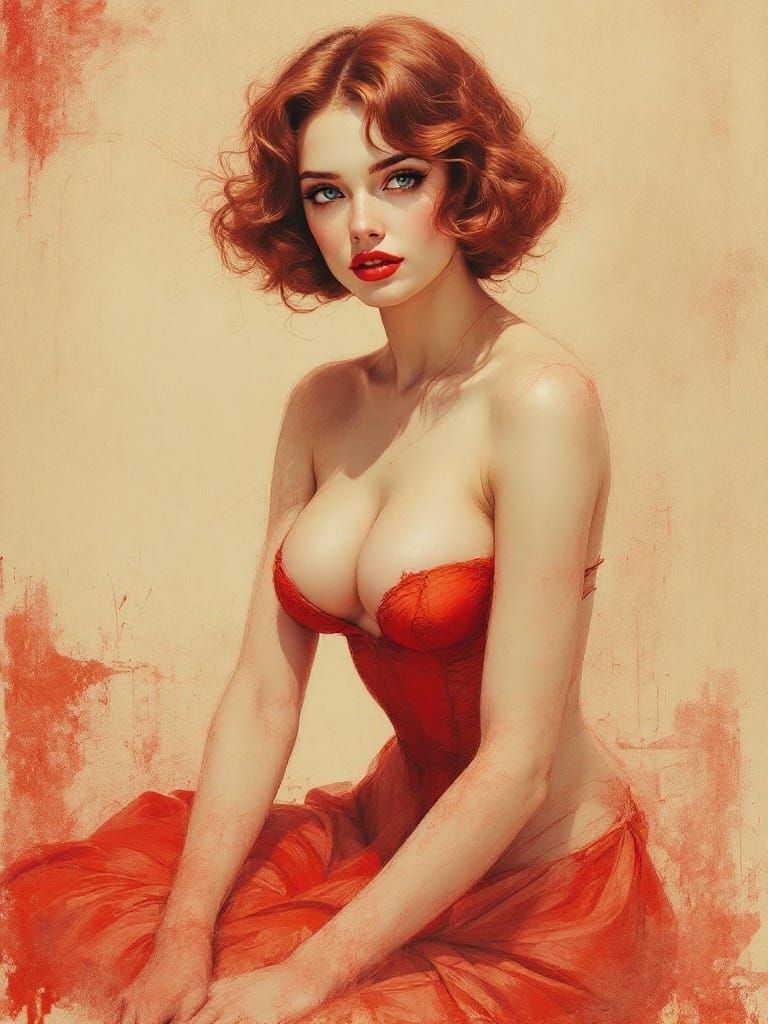 Sanguine Beauty in Warm Red Chalk Drawing Style