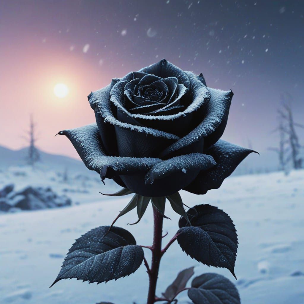 Frozen Black Rose in Hyperrealistic Detail
