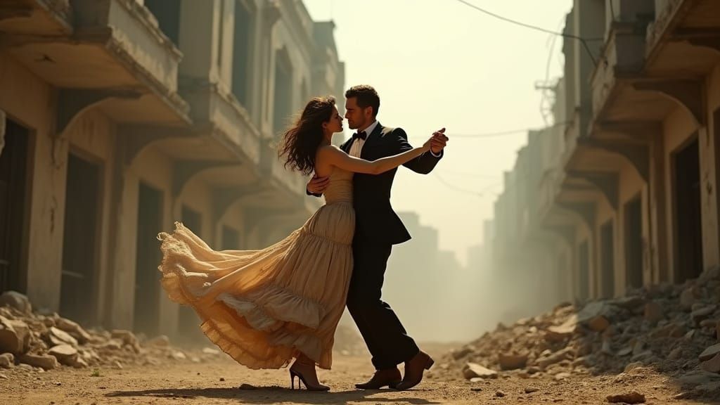 Elegant Tango Amidst War-Torn Ruins in a Golden Light