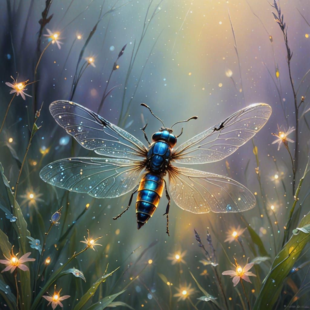 Glowing Firefly with Iridescent Wings as Impressionist Art