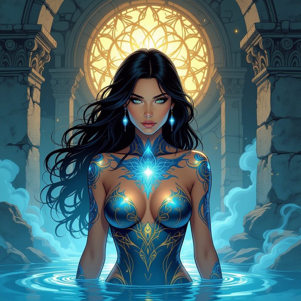Serene Woman with Celestial Ink Amidst Mystical Ruins