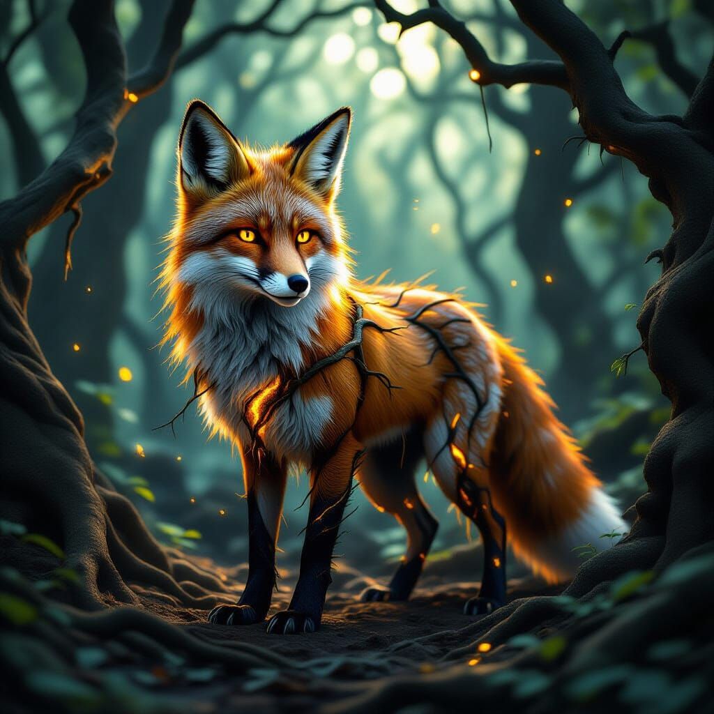 Mystical Root Fox in Enchanted Forest