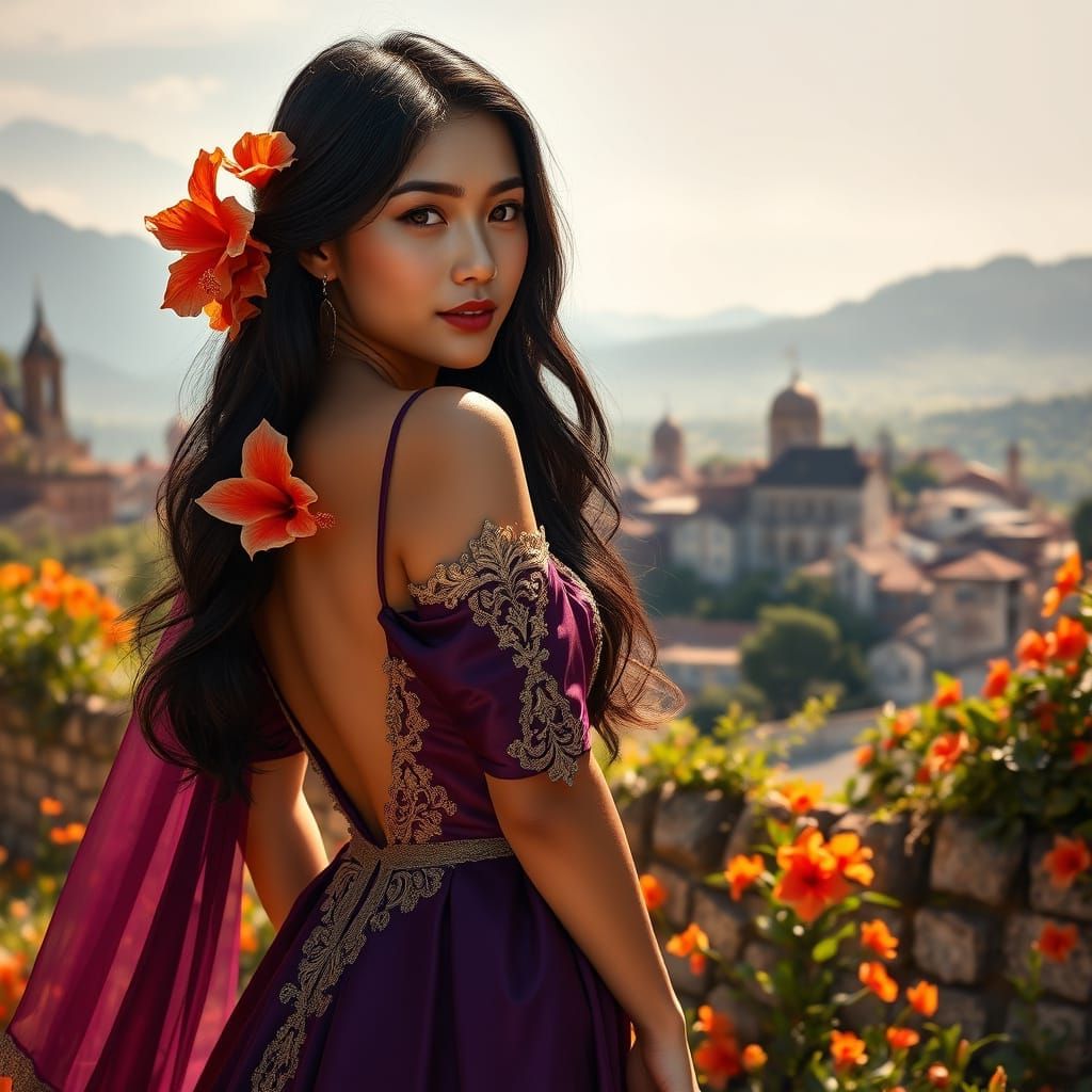 Cambodian Woman in Purple Gown with Hibiscus Flowers
