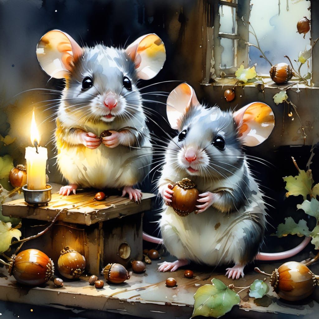 Whimsical Watercolor Mice in Cozy Cottage