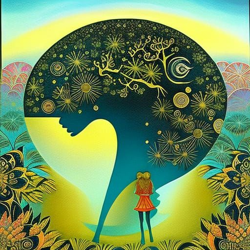 Woman in Surreal Sun and Moon Cloudscape