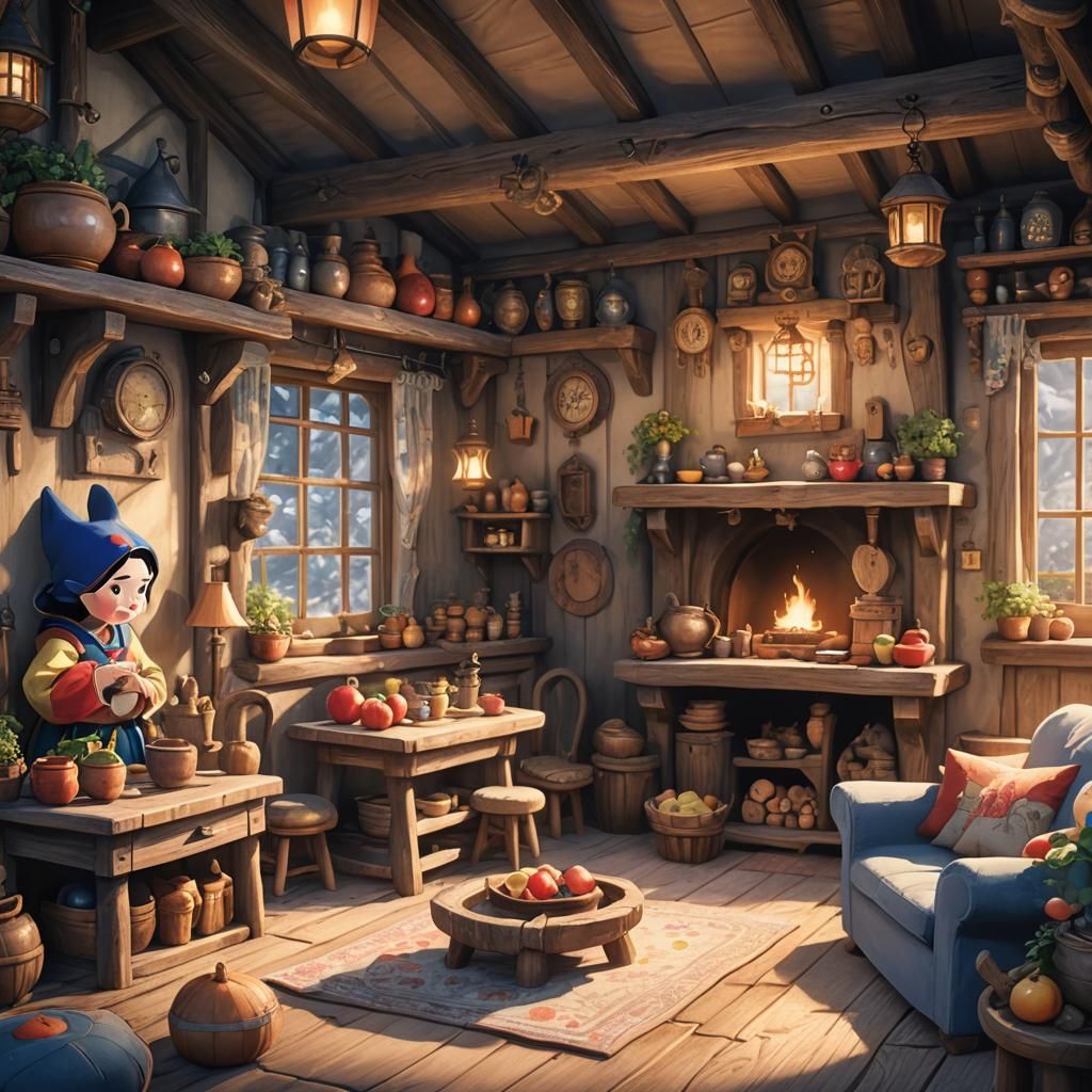 Snow White and Dwarves: Ghibli-Inspired Anime Illustration