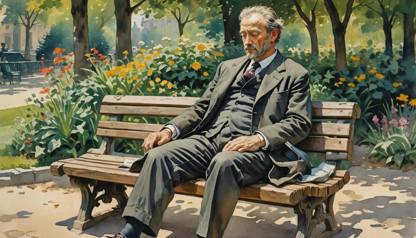 Man Asleep on Bench in Impressionist Style