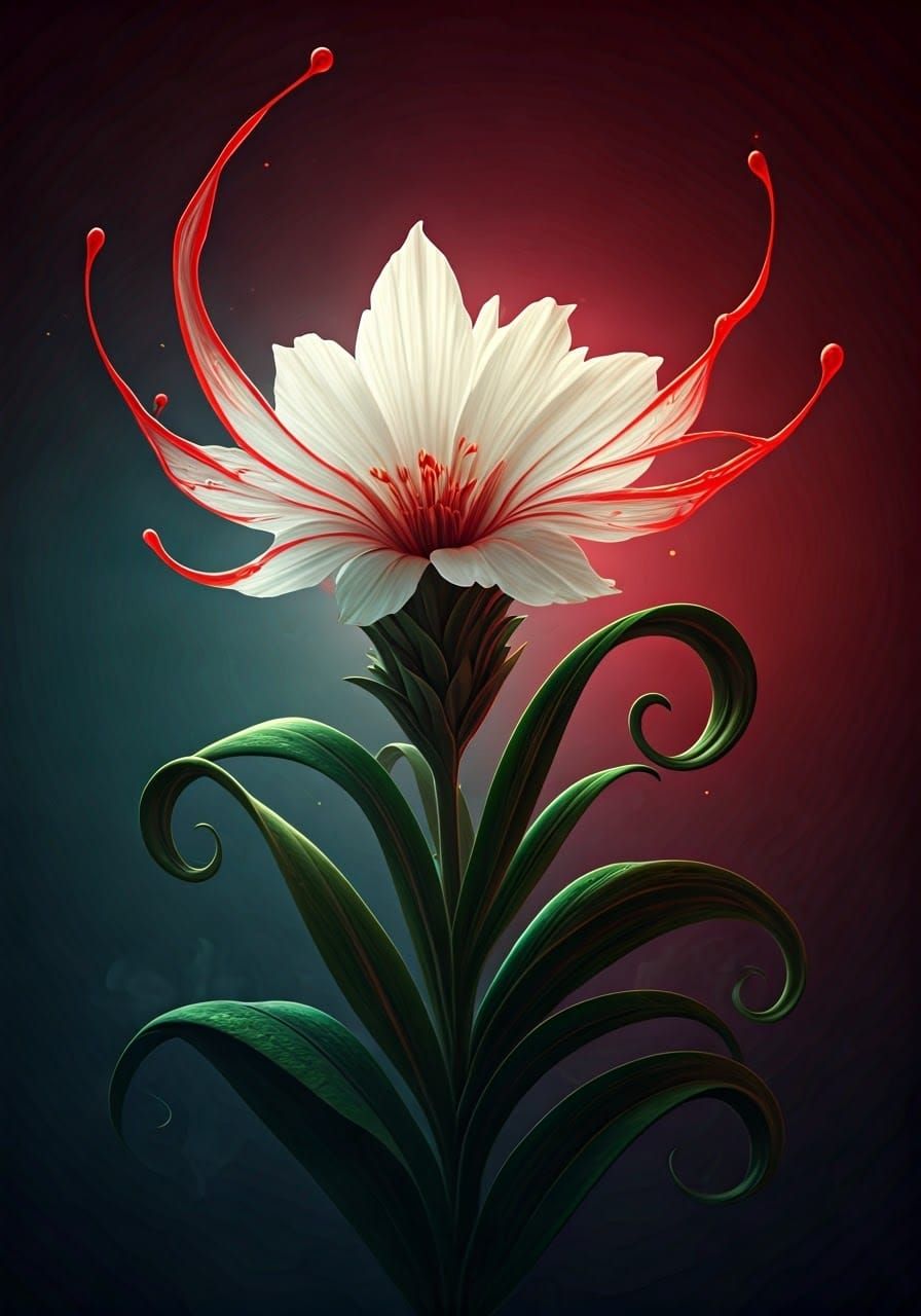Hyperrealistic White Flower with Angelic Wings and Red Splat...