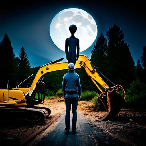 Ten Foot Tall Alien Beside Backhoe